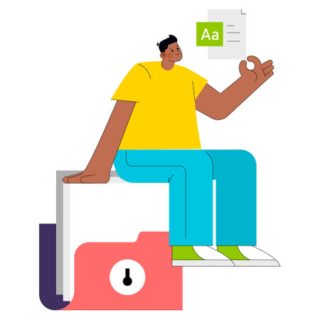 Young businessman concept. Confident male professional sitting on an oversized lock and holding a document icon, representing secure data management. Vector illustration.のイラスト素材