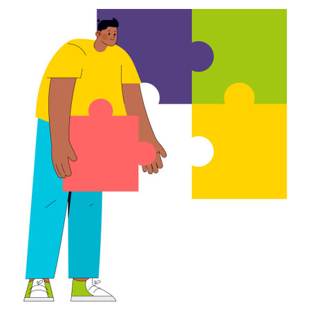 Young businessman with puzzle piece ready to solve a strategic challenge. Creative problem-solving and innovative thinking concept. Vector illustration.のイラスト素材