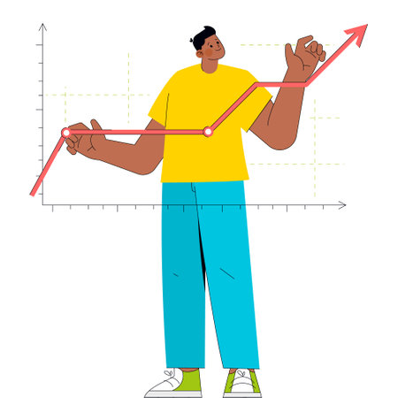 Young businessman adjusting a growth chart, showcasing progress and success in a corporate scenario. Vector illustration.のイラスト素材