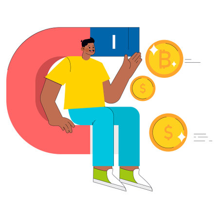 Young businessman with magnet attracting cryptocurrency and money, concept of earning and investment strategy. Vector illustration.のイラスト素材