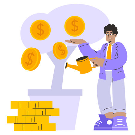 Businessman concept. A professional nurturing a money tree, representing investment growth and financial success. Personal wealth management and income generation. Vector illustration.のイラスト素材