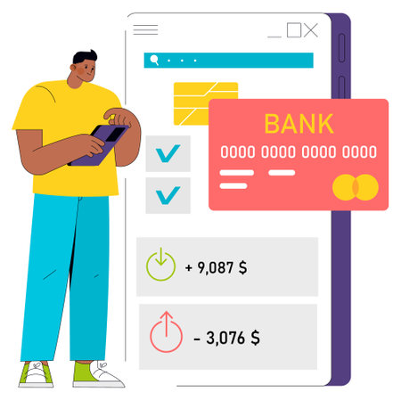 Young businessman managing finance with mobile app, tracking bank account balance on smartphone. Financial technology concept. Vector illustration.のイラスト素材