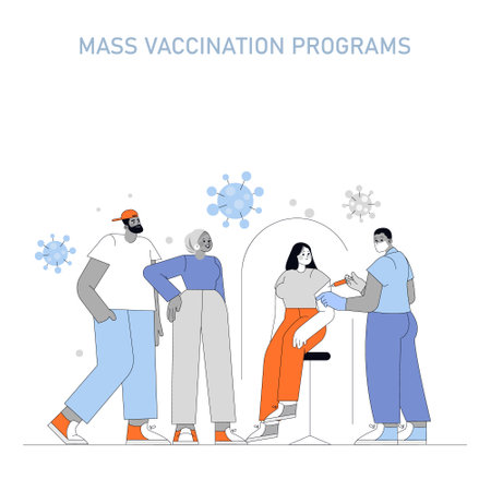 Mass Vaccination Programs concept. People receiving vaccines to combat viral infections. Public health initiative for immunity. Vector illustration.のイラスト素材