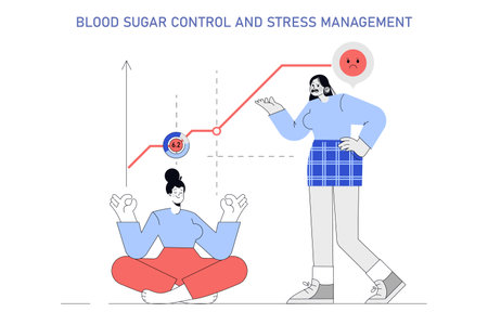 Blood Sugar Tracking concept. Meditative woman achieving calm, while stressed woman monitors her glucose level spike. Mindfulness and health. Vector illustration.のイラスト素材