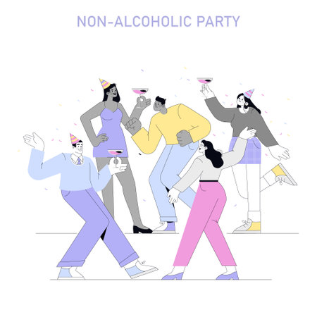 Dry January concept. People celebrating at a party with non-alcoholic drinks, promoting a healthy lifestyle. Social gathering, sobriety, and joy without alcohol. Vector illustration.のイラスト素材