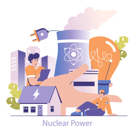Nuclear Power concept. Clean energy generation, modern electricity through atomic innovation, and atomic science advancement. Vector illustration.のイラスト素材