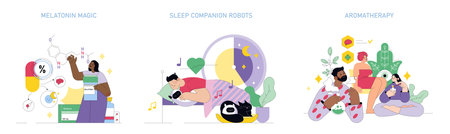 Sleepmaxxing set. Illustration of melatonin benefits, robotic sleep aids, and aromatherapy wellbeing. Harmony in restful nights and wellness routines. Vector illustration.のイラスト素材