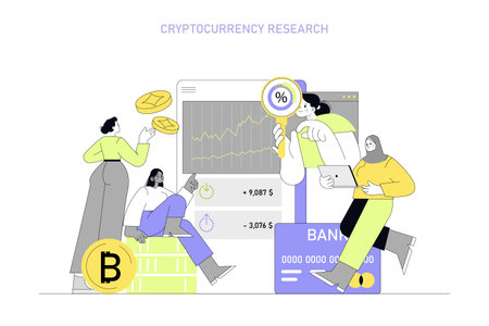 Women in technology concept. Analyzing cryptocurrency trends and market data. Collaboration in digital finance research. Vector illustration.のイラスト素材