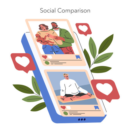 Social comparison concept on a digital platform, reflecting self-assessment through social media likes. Online presence influence and validation. Vector illustration.のイラスト素材