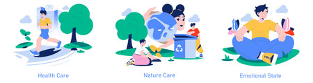 Care Day set. Portraying well-being through health, environmental responsibility, and emotional balance. Illustrates self-care, nature preservation, and serenity. Vector illustration.のイラスト素材