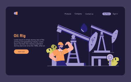Oil and Gas concept. A worker overseeing the operation of an oil rig, representing energy extraction. Industrial setting with equipment in action. Vector illustration.のイラスト素材