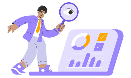 Businessman analysis concept. Professional with magnifying glass evaluating data on report chart. Corporate strategy, market research. Vector illustration.のイラスト素材