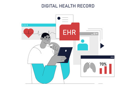 Automation in healthcare concept. Digital health records transformation with technology. Efficient data management for improved patient care. Vector illustration.のイラスト素材