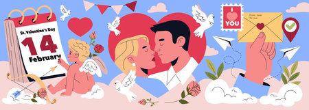 Valentines Day illustration. Celebrating love and affection on February 14th, featuring couples,...