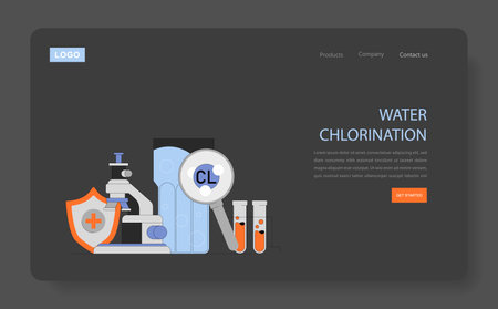 Water chlorination concept. Safe drinking water purification process with chemical treatment. Microscope, protective shield, magnifying glass, test tubes. Vector illustration.のイラスト素材