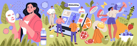 Biohacking concept. Individuals engage in self-improvement through nutrition, technology, and data...