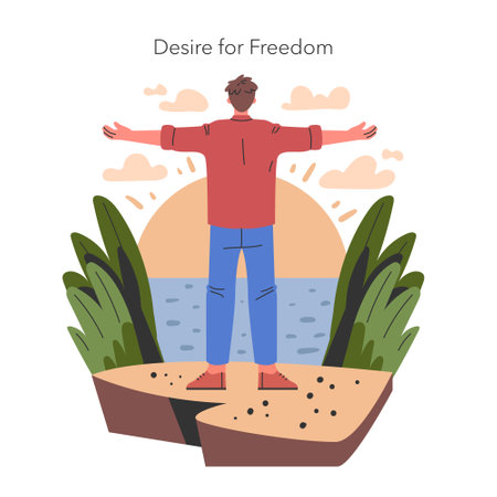 Man embracing new beginnings on a cliff edge overlooking sunrise. A metaphor for hope and liberation. Vector illustration.のイラスト素材