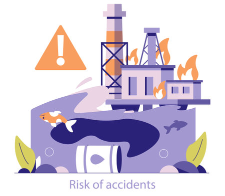 Oil and gas hazard concept. Offshore rig fire poses environmental risk with warning symbol. Marine life endangered by industry accidents. Vector illustration.のイラスト素材
