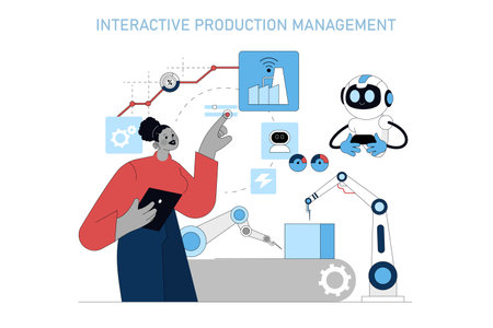 Production Automation concept. Manager controls a robotic manufacturing line with sensors and AI. Integration of technology and human oversight. Vector illustration.のイラスト素材