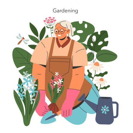Senior joy in gardening activities. An elderly person finding companionship in nature, nurturing plants with care and dedication. Vector illustration.のイラスト素材