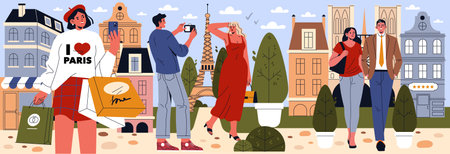 Eurotour illustration. A group of travelers enjoy cultural experiences in Paris, showcasing shopping, photography, and exploring the iconic Eiffel Tower. The atmosphere is lively and engaged, capturing the essence of urban adventure. Vector illustration.のイラスト素材
