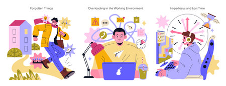 This illustration explores the challenges of ADHD, showcasing moments like forgetting tasks, feeling...