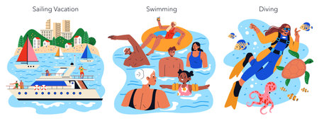 Beach Vacation concept. A delightful beach vacation experience featuring sailing, swimming, and...