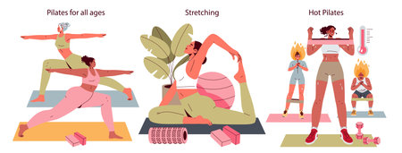 Pilates illustration showcasing various exercises suitable for all ages, including stretching, a fitness ball workout, and hot Pilates training. Engaging scenes promote physical well-being and flexibility. Vector illustration.のイラスト素材