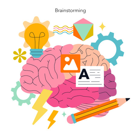 Brainstorming concept illustration depicting creativity and idea generation. Elements like a light bulb, gears, and tools emphasize the importance of collaboration and innovative thinking. Vector illustration.のイラスト素材