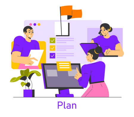 Planning illustration. A collaborative workspace showcasing individuals engaged in project organization and goal setting. Focuses on teamwork, progress tracking, and effective communication. Vector illustration.のイラスト素材