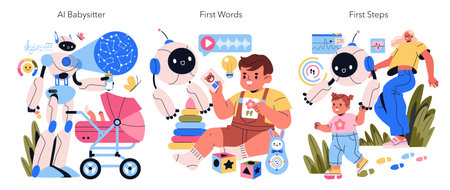 AI Co-Parent concept. The futuristic role of AI in parenting, providing support through babysitting, early learning, and active participation in childrens milestones. Safe, nurturing, and engaging experiences. Vector illustration.のイラスト素材