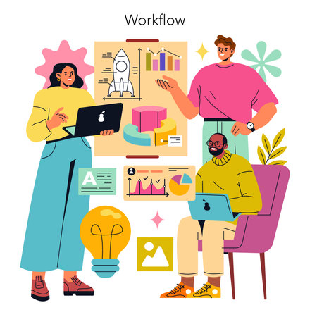 Workflow illustration representing team collaboration and productivity. It features diverse...