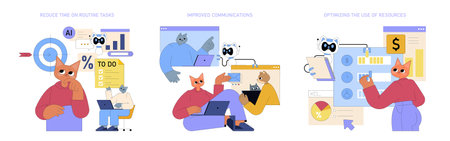 AI for managers enhances efficiency by reducing time on routine tasks, improving communications, and optimizing resource management. Embrace AI to drive productivity and streamline operations.のイラスト素材