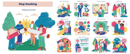 Stop Smoking initiative focusing on tobacco control strategies. Covers methods like tracking progress, overcoming triggers, and establishing a supportive environment, emphasizing health benefits and community efforts. Vector illustration.のイラスト素材