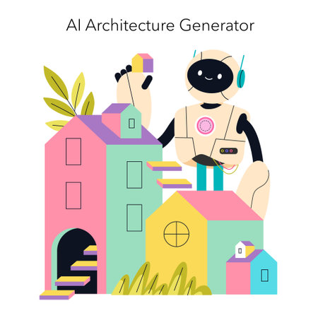 AI architecture generator promoting creativity in design. The illustration features a friendly robot building colorful structures, showcasing the fusion of technology and creativity in modern architecture. Vector illustration.のイラスト素材