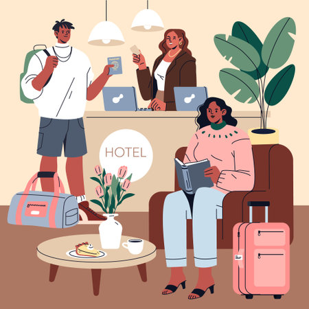 Hotel check-in scene with diverse guests interacting and relaxing in the lobby, exuding a welcoming vacation vibe.のイラスト素材