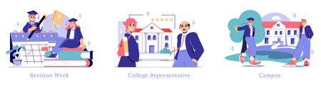 College Choice Illustration. Illustrates key aspects of the college experience, covering revision week, exploring options with a college representative, and enjoying campus life. Vector illustration.のイラスト素材