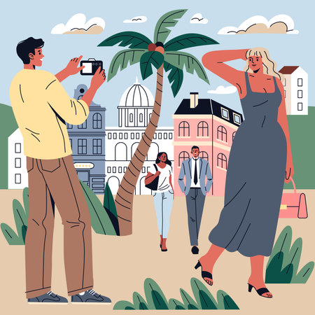 Vacation concept. Vacationers enjoy a sunny day in a picturesque town square, capturing memories and exploring local sights.のイラスト素材