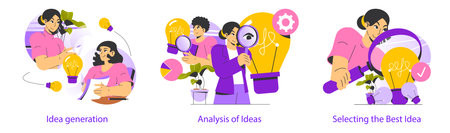 Decision making process in a business context illustrated. Concept includes idea generation, analysis of ideas, and selecting the best concept. Engaging characters utilizing tools for effective choices. Vector illustration.のイラスト素材