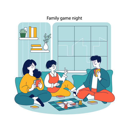 Family enjoying board game night at home, depicted in modern vector style, capturing a cozy and fun bonding experience.のイラスト素材