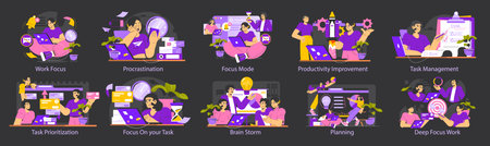 Work focus related illustration highlighting various aspects including task prioritization, productivity improvement, and managing procrastination. Strategies to enhance focus and improve efficiency. Vector illustration.のイラスト素材