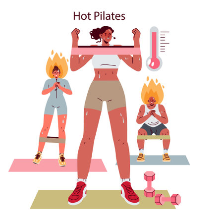 Hot Pilates illustration showcases individuals engaging in an intense workout. Featuring strength training elements in a warm environment, it captures the essence of fitness and dedication.のイラスト素材