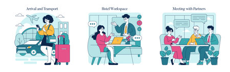 Business travel illustration focusing on arrival, workspace, and meetings. This visual captures the essence of modern professional journeys, showcasing essential activities from airport transport to collaboration. Vector illustration.のイラスト素材