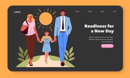 Family Breakfast concept. Happy parents and child enjoying morning together, walking under sun outdoors, beginning new day positively, spending quality family time. Vector illustration.のイラスト素材