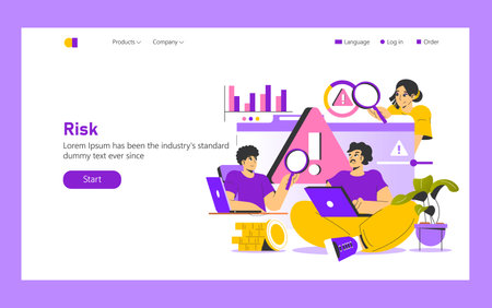Risk analysis in a digital workspace with teamwork focused on identifying and evaluating challenges. People engage with technology, exploring data and visuals to manage potential threats effectively. Vector illustration.のイラスト素材