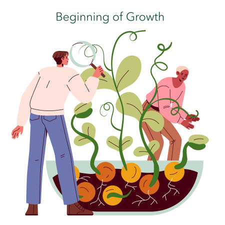 Mini farms represent an innovative approach to agriculture, where individuals cultivate crops in small spaces. This illustration shows the nurturing phase of plants, highlighting growth and engagement.のイラスト素材