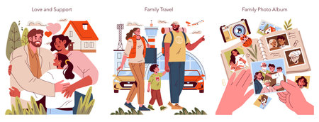 Family Day celebration highlights love, travel, and memories. Families come together to share joyful moments, enhance connections, and create lasting memories through adventures and gatherings. Vector illustration.のイラスト素材