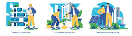 Sustainable Urban Development focuses on eco-friendly architecture, rooftop gardens, and renewable energy cities. Promoting green living through innovative practices for a healthier urban future. Vector illustration.のイラスト素材