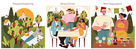 National Wine Day set. Celebrating the joys of wine across scenic vineyard settings from relaxed picnics to elegant dinners and tastings. Vector illustration.のイラスト素材