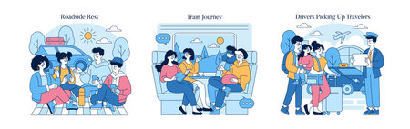Travel illustrations capturing moments on the road. People enjoy roadside rest, train journeys, and...